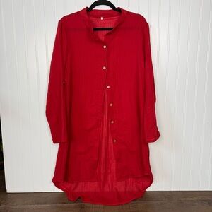 Sheer Red Longline Tunic Blouse Button Front High-Low Boho Layering Top L